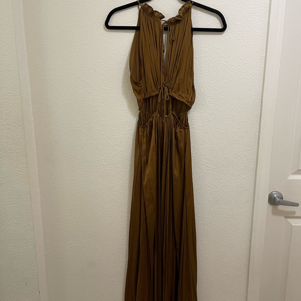 Zara Satin Effect Cut Out Dress | length: midi ; size: M ; color: dark khaki